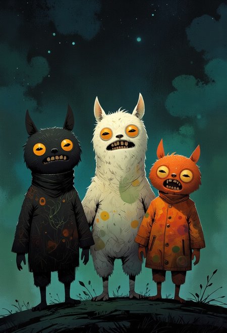 fugglers, A medium-close-up view of three different colored alpacas standing in a grassy field at night. They have long hair and look very fluffy. Midnight, stars shine a soft light, they look a bit creepy but also cute, dark horror background, CreeepyCuteMagic, ppstorybook