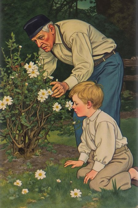 shippengreen1 illustration.
An elderly man and a young boy in a lush outdoor garden.
The elderly man has a weathered face and wears a dark cap and light-colored shirt, bending over a bush with white flowers. The boy is kneeling on the ground, turning his head sideways to look at the flowers.
 <lora:shippengreen1_cap_d6a3:1.0><lora:837354860195110293:0>