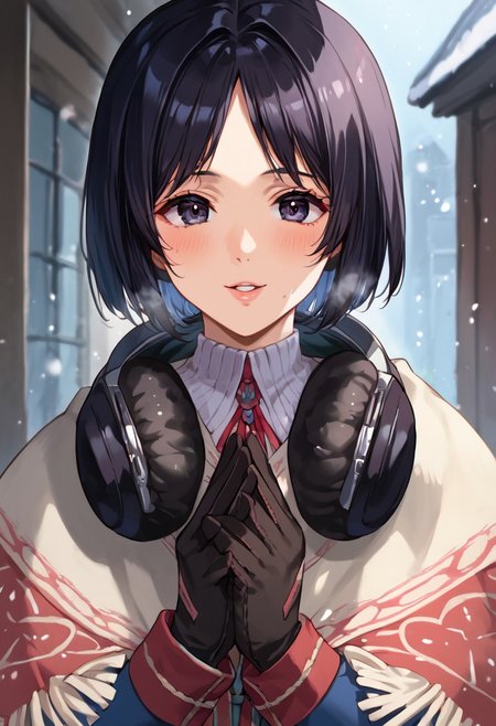 score_9, score_8_up, score_7_up, source_anime, rating_safe, intricate details, 1girl, <lora:Isara_Gunther:1>, isara, black hair, black eyes, short hair, military uniform, dark headphones around neck, fringe trim, poncho, black gloves, shawl, looking at viewer, outdoor, five fingers, snowfall, upper body, steam, breath, blush, upper body, hands together, frontal view, naughty face, parted lips