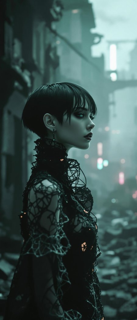 1 girl, (avant-garde fashion model:1.3), (short black hair:1.2), (bare face with porcelain skin), (lace dress:1.3), asymmetric design, high collar, geometric patterns, cinematic background of a decaying urban skyline, ruins softened by fog and diffused neon lighting, dynamic over-the-shoulder angle emphasizing silhouette and textures, contemplative and serene expression, minimalist earrings, subtle lace gloves, soft spotlight focused on model, (gothic tones:1.2), masterpiece, best quality, highres, absurdres, 8k UHD, cinematic lighting, moody shadows, elegant contrast, intricate fabric textures, glowing accents on edges of clothing, lens flare from background neon, muted monochrome palette with green-grey tones, ambient atmospheric fog.