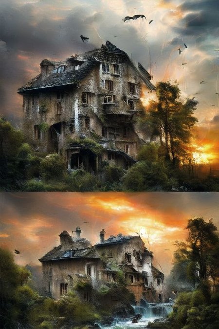 RAW photo, (masterpiece:1.3), subsurface scattering, heavy shadow, (high quality:1.4), (intricate, high detail:1.2), professional photography, HDR, High Dynamic Range, realistic, ultra realistic, photorealistic, high resolution, film photography, ambient lighting, atmospheric effects, <lora:detail_slider_v4:2>, OverallDetail,  DarkFantasy,
creepy watermill surrounded by trees, birds of prey, pack of dogs, cloudy sky, thunder storm, evilrealm, moon, no humans, outdoors, scenery, sunset, epiCPhoto