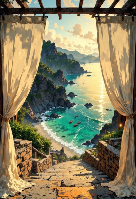 Santorini Cliffside Beach – Sheer White Curtain
"A breathtaking view of a hidden cove in Santorini, Greece, where turquoise waters meet white sand beneath towering cliffs. A sheer white curtain billows gently in the warm breeze from a pergola-covered terrace, framing the deep blue Aegean Sea. The golden hues of the sunset reflect on the smooth stone pathways leading to the secluded beach, while small fishing boats float lazily in the distance."