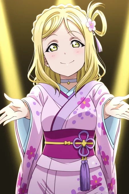 anime screencap, anime coloring, detailed face, masterpiece, best quality, very aesthetic, absurdres, volumetric lighting, 
 <lora:Mari_Ohara_All_outfits_from_the_Love_Live_Sunshine_anime_series_-_Illustrious:1>
ohara mari, 1girl, 18 year old girl, solo, blonde hair, crown braid, hair rings, braid, yellow eyes, big eyes, expressive eyes, happy girl, smile, looking at the viewer, girl facing the viewer, dancing girl,
on a bright concert stage, girl is striking a cute pose, spotlights, expressive girl,
Floral kimono, Japanese clothes, floral print, sash, obi hair ornament, hair flower, choker, cowboy shot,
