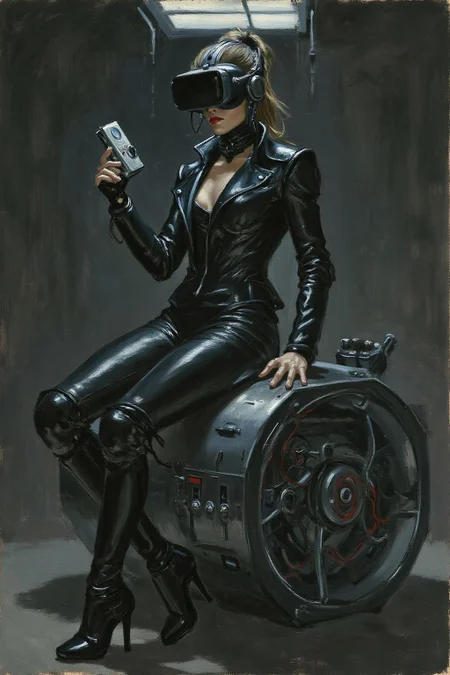 claudemonet1 painting. 
A striking, futuristic scene depicts a woman dressed in sleek, form-fitting leather attire, sitting confidently atop an open power suit, inspired by the cyberpunk aesthetics of Masamune Shirow. The power suit, a blend of advanced technology and military-grade armor, features intricate mechanical details, exposed wiring, and a robust, yet streamlined design. The woman, wearing a cutting-edge VR headset, exudes a sense of control and mastery over the machine beneath her. Her posture is relaxed yet commanding, with one hand resting on the suit's metallic surface and the other casually holding a piece of advanced tech. The background is a high-tech industrial setting, with dim lighting that casts dramatic shadows, highlighting the fusion of human and machine. The overall atmosphere is one of futuristic coolness and cybernetic elegance, capturing the essence of Shirow's iconic style 
 <lora:claudemonet1_cap_d8a4e12:1.0><lora:843600902284879530:0>