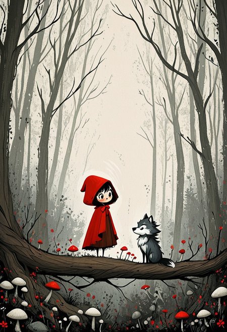 Little Red Riding Hood illustration, fairy tale art, cute girl with big eyes wearing red hooded cape, flowing red cape with wavy ribbon-like texture, grey wolf hiding behind tree, whimsical style, red owl in tree branch, winter forest, bare trees, small red flowers, mushrooms, soft muted colors, cream background, children's book illustration, folk tale, stylized art, digital art, flat color, decorative, magical forest scene, innocent expression, Japanese-inspired character design, layered composition, detailed vegetation, storybook aesthetic