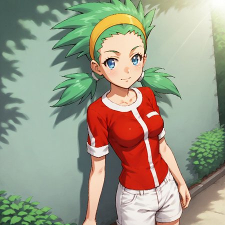 score_9, score_8_up, score_7_up, BREAK, solo, sumairu, green hair, blue eyes, twintails, medium breasts, red shirt, white shorts, outdoors, sunlight, shadows, natural lighting,