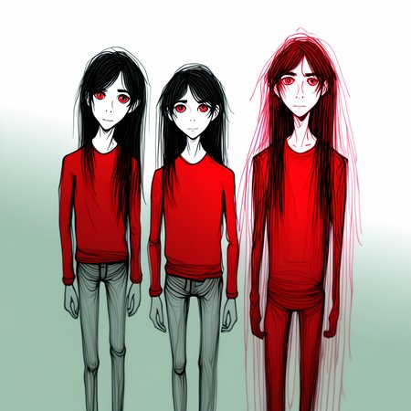 red theme, long hair, 2boys, no humans, looking at viewer, sketch, male focus