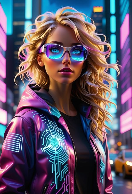 A blonde woman with striking blue eyes stands amidst the neon-drenched cityscape, the vibrant glow of pinks, purples, and blues reflecting off her sleek, high-tech jacket. Embedded LED circuits pulse subtly along the fabric, casting a soft luminescent hue against her fitted tactical top. Her gaze is sharp, framed by a pair of augmented reality glasses displaying scrolling data streams.
Behind her, towering skyscrapers covered in shifting holographic graffiti stretch into a swirling electric sky, their dynamic patterns flickering like living art. The streets hum with energy as cybernetic humans, their bodies adorned with glowing bioluminescent tattoos, move through the urban maze. Hovering vehicles streak past above, leaving behind shimmering trails of light.
To her side, a hooded street artist works on an immense mural that appears to transcend dimensions, its colors morphing and pulsating with a hypnotic rhythm. The city is alive—futuristic, neon noir, and bathed in cinematic lighting that turns every movement into a visual spectacle.