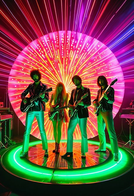 Documentary photograph, magical fantasy watermelon punk electro-pop synth trio band, performing at the freakomonko, the craziest freakout rundown neon disco on the planet Fruitland, l1970s Tropicalia science fiction retrofuturism, cinematic light, high detail, beautiful, surreal, dramatic, warm colors<lora:Dreamyvibes artstyle SDXL - trigger with Dreamyvibes artstyle:1> Dreamyvibes Artstyle