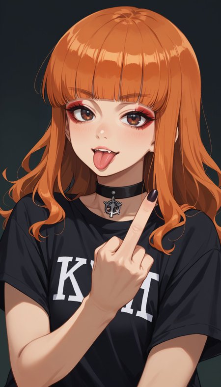 score_9, score_8_up, score_7_up, source_anime,
 <lora:Takebe Saori:1> takebe saori, blunt bangs, long hair, orange hair,  black shirt, t-shirt, black choker, goth, eyeliner, eyeshadow double middle finger, tongue out,