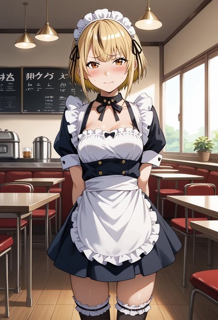 score_9, score_8_up, score_7_up, source_anime,masterpiece,best quality,highres,absurdres,official art,official style,source_anime,anime screencap,anime coloring,megami magazine,anime,animated,zPDXL2,skin highlights, (1girl,solo,looking at viewer), Futaba_Kon, blonde hair, maid, maid headdress, thighhighs, short skirt, cafe, indoors, (blush), embarrassed, standing, arms behind back,