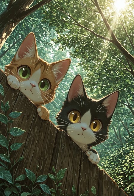nu humans, animals, tabby cat, green eyes, split-color cat, white fur, black fur, yellow eyes, detailed eyes, whiskers, over the fence, wooden fence, trees, plants, bush, sunlight, sun rays, light rays, looking at viewer, peeking out, peeking out, from below,  
masterpiece, amazing quality, best quality, scenery, anime coloring