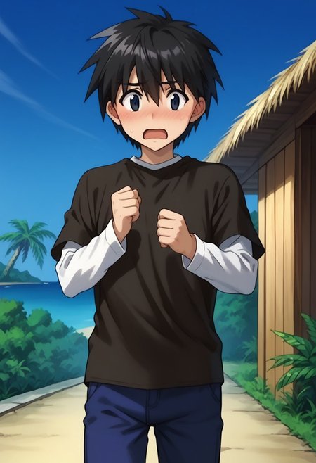 score_9, score_8_up, score_7_up, source_anime, highly detailed, 
ikuto, 1boy, male focus, solo, black hair, hair between eyes, black eyes, shirt, black shirt, white shirt, short over long sleeves, pants, blue pants, open mouth, blush, embarassed, shrugging
outdoor, island, palms, sky,