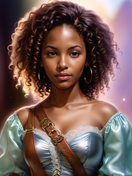 bgport style, realistic, photo, detailed pastel oil painting illustration, close up focus, light leak, reflections,
black female bard, curly hair 
<lora:bgportrait4:.5>