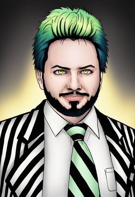 Duskfallcrew Art Style, masterpiece, official art, best quality, Alex Brightman as Beetlejuice, 1boy, male focus, solo, yellow eyes, green hair, ombre hair, beard, mustache, facial hair, black and white striped jacket, black jacket, striped jacket, white shirt, collared shirt, shirt, poltergeist vibes, prison clothes, necktie, upper teeth only, grimace, frustrated look, score_9_up, score_8_up, score_7_up, score_6_up, source_cartoon ,