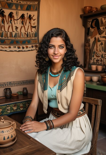 (medium full shot) of (esthetic queen from ancient egypt) young woman, Medium build, black wavy hair hair, green eyes, tan skin, egyptian makeup, wearing  Embroidered linen vest with falcon motifs, shendyt silk skirt with cow tail detail, leather sandals with turquoise stones, gold bangle bracelets anklets adorned with precious stones,   set in the ancient egypt era, in  Dining Area, Welcoming room with a low table surrounded by cushions for seating, clay dishes filled with food, decorative pottery on display, woven tapestries adorning the walls, a central hearth for cooking , at sunset, woman smiling, detailed face, ,Masterpiece,best quality, raw photo, realistic, very aesthetic