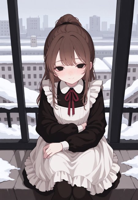solo, detailed, ethereal, intricate details, vibrant colors, soft lines, soft brush strokes, dreamy, close shot, 


murky, snow, city, panel buildings, concrete buildings,


pov, hugging viewer, soft smile, blush, 

1girl, black solid eyes, brown hair, ponytail, long black dress, long black sleeves, white collar, red neck_ribbon, white frills, white apron, [black pantyhose, brown shoes,],

masterpiece, best quality, very aesthetic, absurdres, newest, 

(masterpiece), best quality,  

masterpiece,best quality,amazing quality, detailed, 
