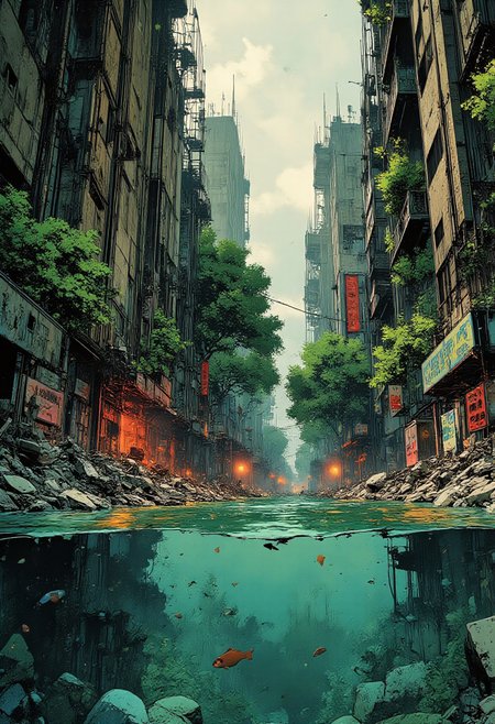 A breathtaking post-apocalyptic cityscape where nature has reclaimed urban ruins. The scene is divided into two parts: above the water, towering skyscrapers and old buildings are covered in lush green vegetation, with vines and trees growing on their surfaces. The city streets are completely submerged in water, creating a surreal, flooded metropolis. The atmosphere is misty, with birds flying between the decayed buildings. Below the water, a stunning underwater ecosystem thrives—clear blue water reveals fish, rocks, and aquatic plants, creating a contrast between decay and renewal. The lighting is soft and natural, emphasizing the beauty of nature overtaking human civilization. The style is realistic with elements of sci-fi and environmental storytelling.