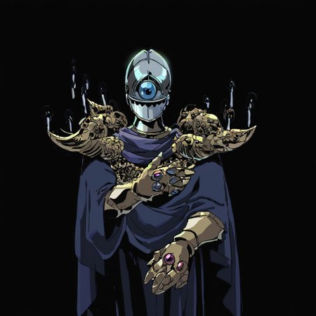 score_9, score_8_up, score_7_up, knight, wearing armor,  genderless, w cloak, intricate patterns, gloves, enigmatic presence, dark background, illustrated, comic style, high contrast, vibrant colors, black background