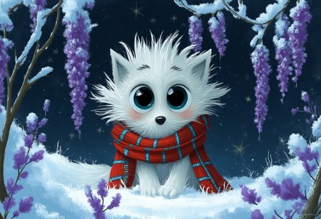 A whimsical illustration of a shivering thin fox with ice-frosted spiky fur in dark whimsical art style, huddled beneath snow-covered purple wisteria vines, wearing a tattered striped scarf with icicles, digital painting with crystalline brushstrokes showing frozen fur texture and visible breath clouds, winter twilight background with swirling snowflakes, characteristic Tim Burton inspired design with huge glacier-blue eyes and chattering teeth, delicate frost patterns spreading across its trembling whiskers.