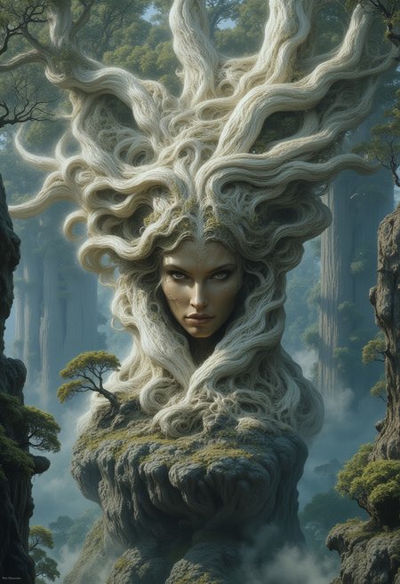 A surreal portrait of a tree goddess emerging from an ancient monolith of twisted roots and gnarled branches. Her face has high cheekbones, smooth porcelain-like skin with a soft glow, and pale, half-lidded eyes. Her long lashes and delicately arched eyebrows frame her serene expression.
Her hair seamlessly transitions into the white birch tree itself, forming a complex crown of white, intertwining branches that stretch upward. The branches have a polished, bone-like texture, curling and twisting into organic patterns. Her body is partially wrapped in bark-like tendrils that spiral around her torso, forming an intricate natural gown that blends into her surroundings.
Below her, a massive, weathered white birch tree trunk extends downward, with thick, gnarled roots twisting into the mist-covered ground. Small, bonsai-like trees sprout from rocky outcroppings embedded within the root system, their tiny leaves adding contrast against the pale landscape.
A dense mist blankets the lower part of the scene, partially obscuring the roots and drifting through the air. In the background, enormous ancient trees with skeletal branches rise through the fog, their silhouettes fading into the distance. The entire image is enveloped in a muted, desaturated color palette of soft whites, cool grays, and subtle earthy greens.
The composition presents her as seamlessly integrated with the massive tree, appearing both as a living figure and an extension of the forest itself.