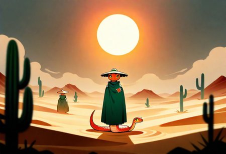Sinoink, masterpiece, best quality, good quality, very aesthetic, absurdres, newest, duo, 3DSnakes, cute snake, woman, looking at viewer, standing, outdoors, sky, hat, cactus, mesa, sand, desert, sun, summer, scales, green cloak, Depth Of Field, Atmospheric,Wide Shot,  night ,smoke, sticker, outline, flat, atmosphere, dust,
