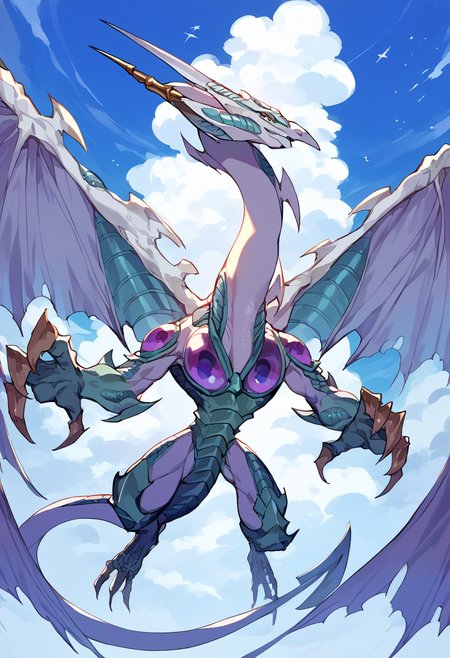score_9,score_8_up,score_7_up,source_anime,zPDXL3,sky,star (sky),flying,cloud,
*//*,<lora:StardustDragon_Pony:1>,stardustdragon_ygo,no humans,solo,duel monster,dragon,wings,tail,claws,horns,soiled,
*//*,looking at viewer,cowboy shot,dutch angle,