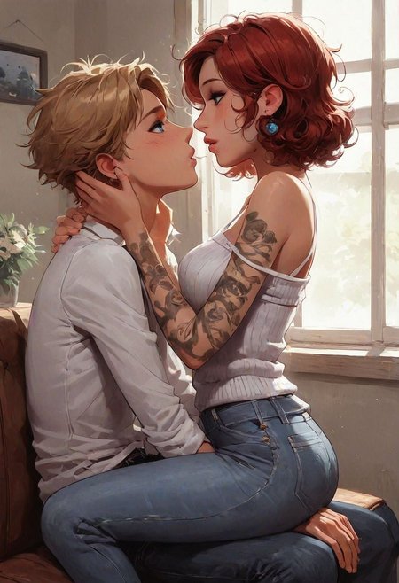 1girl, 1boy, pants, hetero, jeans, couple, window, looking_at_another, sitting, eye_contact, parted_lips, imminent_kiss, blue_eyes, sweater, from_side, indoors, jewelry, earrings, bare_shoulders, lips, medium_breasts, girl_forarm_tattoo, 
girl red hair, girl short hair, girl straight hair,
boy short hair, boy curly hair, boy blonde hair, boy messy hair