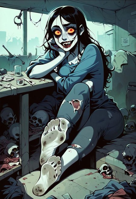 score_9, score_8_up, score_7_up, score_6_up, score_5_up, score_4_up,source_anime, 2d anime, zombie, zombie woman, zombie slut, sexy zombie, motion, erotic, porn, horror, dead eyes, interior, morgue, stretcher, fluorescent light, sitting, showing feet, perfect feet, perfect soles, dirty feet