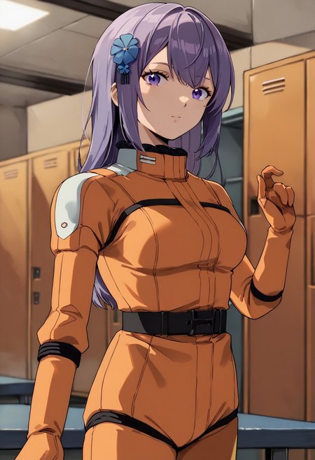 zPDXL3, asano_ruri, purple eyes,  long hair, purple hair, hair ornament,  virtual youtuber,bangs,hair flower, medium breasts,orange spacesuit, orange gloves, grey belt,cowboy shot, locker room, looking at viewer
