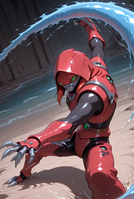 <lora:waterhazard-10:1> waterhazard, solo, red armor, red hood up, , helmet, mecha, alien, claws, green eyes, 1boy, water,   <lora:water_whip_magic:1> waterwhip, fighting stance, masterpiece, best quality, amazing quality, very aesthetic, absurdres, newest,