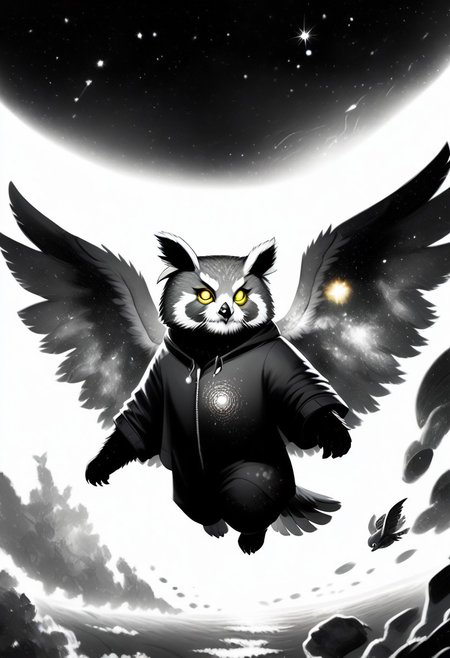 Score_9, Score_8_up, Score_7_up, lora:Navi_Celestial_Skin_PonyXL:1.1 nv-celestialskin, redpandafolk, rabbitfolk, owlfolk, foxfolk, sketch, monochrome, greyscale, YR_GradLight, 0u73r5p4c3, space, planet, nebula, galaxy, asteroid, GalaxyTelepurteSDXL, StarrySkies, scenery, stars (sky), background, night sky, vibrant colored skin, void cosmic body, deep black skin, ethereal silhouette, nebula patterns, animal theme focus, majestic owl