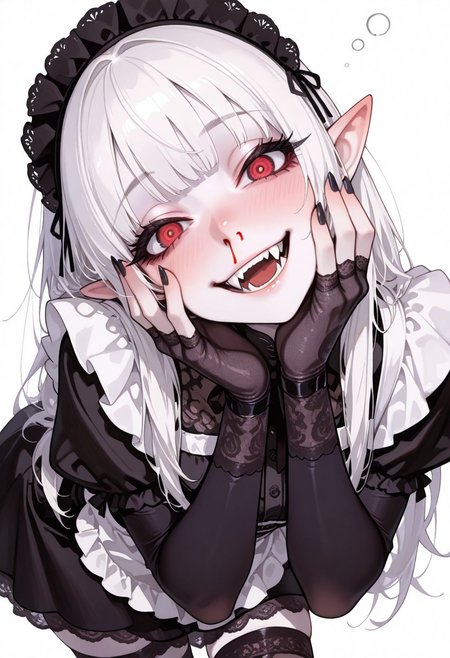 masterpiece, best quality, good quality, very aesthetic, absurdres, newest, 
1girl, solo, 
white hair,
pointy ears, detailed eyes, crazy eyes, red eye, wide smile, crazy smile, fangs, pale skin, black dress, perspective, dynamic angle, drunk, tired, sleepy, long eyelashes, thick eyelashes, black nails, nosebleed, hands on face, blood dripping from nose,
simple background, bangs, looking at viewer, long hair, head tilt, maid outfit, frilly dress, apron, headband, thighhighs, belted waist, elegant gloves, delicate lace, puffy skirt, 
bent over,