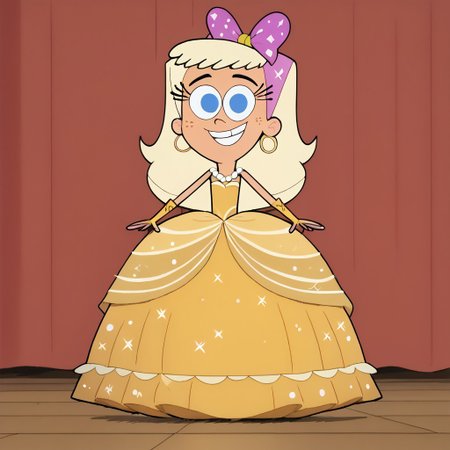 score_9, score_8, score_7, BREAK, chloe_fop, long hair, blonde hair, blue eyes, freckles, hair bow, cute, Very long large straight sparkling tulle yellow princess ball gown hoop skirt, ball gown hoop skirt, yellow princess dress, hoopdress, my big sparkly gypsy wedding dress, ballgown, She is wearing long elbow length yellow fingerless bridal gloves, white pearl necklace, a girl in a big wide poofy floor length posing for a picture, wearing a sleeveless ballgown, looking at viewer and smiling, standing, smiling, full body, looking at viewer