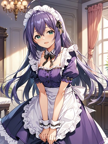 score_9,score_8_up,score_7_up,
official art,official style,game cg,megami magazine,
uncensored,
1girl,solo,
mochizuki anna,purple hair,green eyes,ahoge,
purple dress,maid headdress,maid,
<lora:idolmaster_mochizuki_anna_pony_v1:1>,