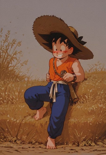 score_9, score_8_up, score_7_up, front view, son goku, black hair, black eyes, spiked hair, monkey tail, male, (chibi), straw hat, unbottoned shirt, blue jeans, bare feet, exposed feet, exposed belly, hands, kawaii, perfecteyes, stunning eyes, joyful expression, nose blush, smile, farmhouse background, sfw, 