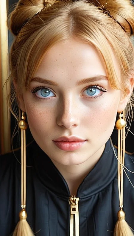 Close-up gorgeous blonde girl face , sexy, hot, cute, (bangs:1.1), freckles, light tan, large beautiful eyes, striking large eyes, aligned eyes, mirror eyes, (half smile:1.1),
tender beauty, ginger hair,(double bun hair), black Traditional Clothing, gold,
BREAK,
very long lashes, trendy portrait,
tender Aesthetic nose, ears, puffy lips, sensual lips, detailed texture, detailed eyes, detailed skin, clean skin,  black Traditional Clothing, gold,
<lora:Someplastic_b:1>, (ultra sharp focus:1.8), (detailed skin:1.8), (thin lines:1.8), (best quality:1.8),
<lora:Apparatus_-_Traction_City_Walkers_Vehicles:0.7>,
<lora:add-detail-xl:0.7> (ultra sharp focus:1.8), (detailed skin:1.8), (thin lines:1.8), (best quality:1.8),
<lora:glowneon_xl_v1:0.7>