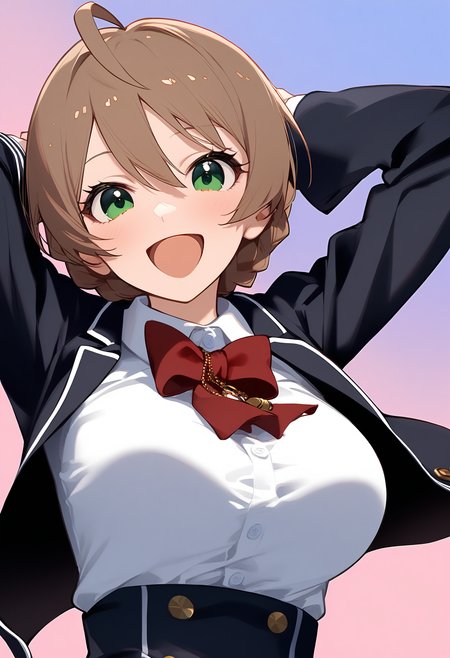 1girl,
sakuramori kaori,


ahoge, braid, blush, arms up, red bowtie, black jacket, large breasts, blue background, solo, pink background, hands on own face, smile, long sleeves, looking at viewer, short hair, jacket, two-tone background, hands on own cheeks, open clothes, bow, :d, light brown hair, shirt, dress shirt, breasts, white shirt, upper body, hair between eyes, red bow, bowtie, open mouth, open jacket, green eyes, gradient background, buttons,

sfw
<lora:a31_char_new_sakuramori_kaori-000018:1> <lora:a31_style_koni-000010:0.8>