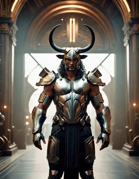 cinematic film still cinematic still fflix_mythcyber, Minotaur, horns, science fiction, armor, standing, cyberpunk, glowing . emotional, harmonious, vignette, highly detailed, high budget, bokeh, cinemascope, moody, epic, gorgeous, film grain, grainy", "fflix_mythcyber, Minotaur, horns, science fiction, armor, standing, cyberpunk, glowing, extremely detailed, digital painting, artstation, concept art, smooth, sharp focus, illustration, cinematic lighting, art by artgerm and greg rutkowski and alphonse mucha diffuse lighting, fantasy, intricate, elegant, highly detailed, lifelike, photorealistic, digital painting, artstation, illustration, concept art, smooth, sharp focus, art by John Collier and Albert Aublet and Krenz Cushart and Artem Demura and Alphonse Mucha
 <lora:fflix_mythcyber-000006:1>, , <lora:FILM_PHOTOGRAPHY_STYLE:0.25> . shallow depth of field, vignette, highly detailed, high budget, bokeh, cinemascope, moody, epic, gorgeous, film grain, grainy