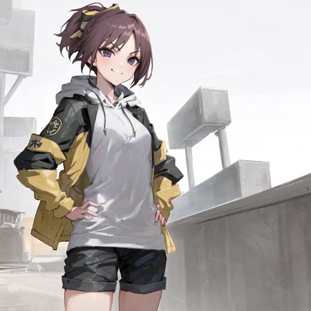 masterpiece, best quality, absurdres, detailed, 1girl, solo, AkiraGGN, short hair, brown hair, purple eyes, blue hoodie, yellow jacket, yellow hair bow, medium breasts, parted bangs, ponytail, short shorts, standing, hands on hips, smug, smirk <lora:AkiraGGN:1>