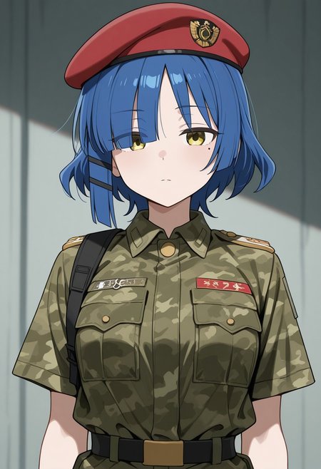 1girl, yamada ryo, bocchi the rock!, military uniform fabric with a strong green-dominant camouflage pattern. Deep green as the primary color, with subtle brown and black irregular stripes creating a classic jungle loreng effect. Focus only on the camouflage pattern and fabric texture, avoiding any human features. High detail, crisp shading, and smooth fabric folds, short sleeves, Red military beret, dumb face, looking at viewer, upper body, mole under left eye,
masterpiece, best quality, amazing quality, newest, absurdres, highres, high detailed, masterpiece, best quality, amazing quality, newest, absurdres, highres, high detailed