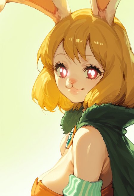 CarrotXLP, rating_explicit, score_9. score_8_up, score_7_up, 1girl, solo, horns, looking at viewer, pointy ears, cute pose, short hair, striped sleeves, glowing eyes, from side, closed mouth, breasts, Kartoon,
Expressiveh, gl0ss, solo, mature face, milf, sexy lips, smile, sexy smile, girl, red lightings, mature face, small face, orange short dress, bare shoulders, green cape, white gloves, open clothes, blonde hair, rabbit ears, rabbit girl, furry female, Opcarrot, rabit mouth, happy
