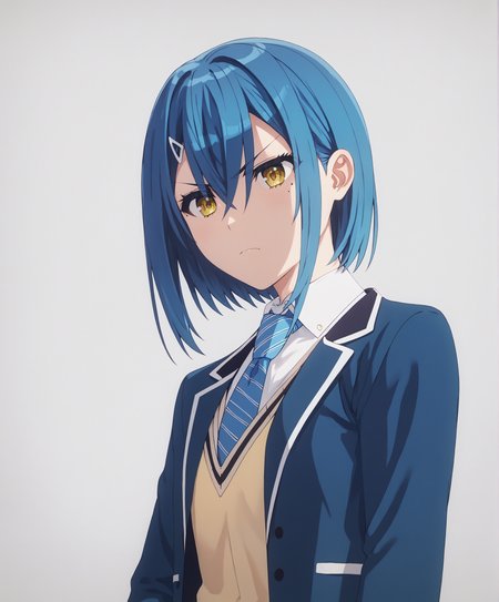 score_9, score_8_up, score_7_up, highres, hi res, best quality, masterpiece, 2d, intricate details, 4k, anime coloring, shadow, uncensored,
1girl, solo, female, yellow eyes, blue hair, mole, short hair, mole under eye, hair ornament, hair between eyes, hairclip, v-shaped eyebrows, frown,
shirt, jacket, school uniform, white shirt, necktie, collared shirt, blue jacket, blazer, portrait, blue necktie, striped necktie, diagonal-striped clothes, diagonal-striped necktie,
cowboy shot, looking at another,
white background, simple background, <lora:Chika_Watanabe1024_Pony:1>