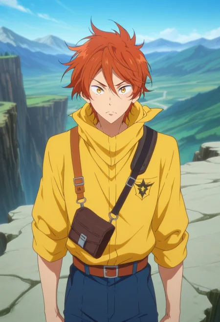 masterpiece, best quality, intricate details, anime screencap, anime coloring, official style, looking at viewer, 1boy, solo, male focus, <lora:momotarou_mikoshiba_ilxl:1>, momotarou_mikoshiba, orange hair, yellow eyes, mountain overlook, panoramic view, standing on cliff edge, wind tousling hair, adventurous expression, crisp light,