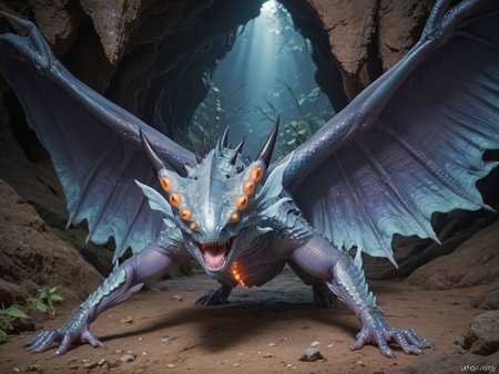 <lora:MH_XenoJiiva_a1_7_PonyXL:0.9>, score_9,score_8_up,score_7_up, nature photography, (extreme closeup, extreme portrait)
xenojiiva,feral,by zackary911,by syuro,by hanuvo,solo,hi res,detailed background,cave, looking at viewer,orange eyes,no sclera,hand on ground,
shiny wings,raised tail,multi eye,open mouth,action pose,reaching towards viewer,frontview, high angle shot, (glowing:1.5) chest,
, bloom, subsurface scattering, sharp hyper detailed, (dark lighting:1.2), dark dramatic lighting, (shiny metallic skin:1.2), (ultra-detailed small micro scales), bright highlights, <lora:RM_Enhancer_v1.0_bf16:.1>  <lora:p:.2> <lora:Add_More_details_SD3:.5> ,