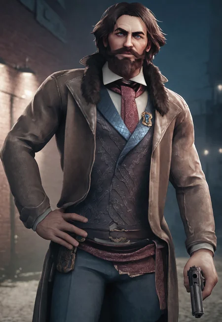 score_9, score_8_up, WiktorSzulski, cartoon, medium hair, brown hair, blue eyes, beard, mustache, mature male, muscular, fur trim, brown trench coat, red cravat, white collared shirt, vest, brooch, belt, pale dark-blue pants, book on hip, looking at viewer, grin, dynamic pose, detailed background, dutch angle, upper body, cowboy shot, alley, lamppost, night, below view, hands on hip, holding a gun,