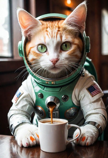 photo-realistic,
higly-detailed,
cat wearing a futuristic space suit,
serious expresssion
a orange and white kitty sipping a mug of hot coffee holding it with it's two front paws,
lapping up the coffee as if it were drinking water,
light green eyes,