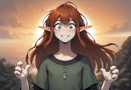 Lapanya, 1 person, solo, pointy ears, ((snout nose)), flat chest, light skin, freckles, tall, ((gray eyes, gray irises)):1.2, ((smiling, friendly expression)), auburn hair, long hair, several strands of hair sticking straight up, back-length hair, average build, small nostrils, ((3 fingers 1 thumb)), baggy long-sleeve green tunic, ((blue breeches))
Falling from the sky, falling headfirst, nosedive, midair, falling towards the ocean, wide eyes, wild expression
Clouds above, ocean below
clean lines, up close, upper body focus, highly detailed face, high quality, best quality,  score: 9, score: 8 up, rating: safe