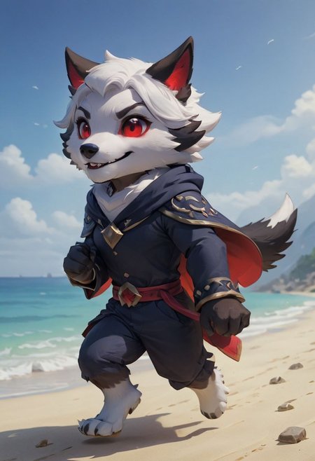 furry wolf, gray wolf, chibi, with red eyes,  beach,
pants or shorts, furry body
full-length frontal view, flight phase during running, legs above the ground, wind blowing the cloak, fast running,
Hyperrealistic art high-quality portrait flat matte drawing of a cute Nendoroid and cartoon style, anime flat style, thick drawing, medium close-up", (solo:1.2), photorealistic:1.5, 8k, texture skin, realistic skin, detailed skin, highest detailed, extreme detailed, 8k wallpaper, colorful, (dark magic), ring with the stone, (intricate details), (hyperdetailed), 8k hdr, high detailed, lot of details, high quality, soft cinematic light, atmospheric perspective (focus on), color Ink wash painting, Extremely high-resolution details, photographic, realism pushed to extreme, fine texture, incredibly lifelike, two people, two children