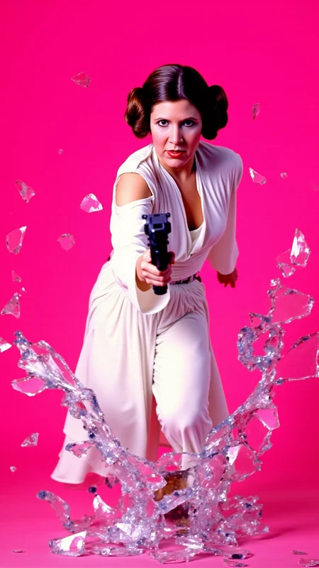 <lora:Carrie_Fisher_Flux:1.2> A dynamic, high-energy scene captures Carrie Fisher as Princess Leia Organa holding a blaster from starwars pointed at viewer in a fierce pose, mid-action as she bursts through a shattered glass surface, shards flying in all directions. Perfect hands. The background is a solid, vivid HotPink, creating a stark, intense contrast with the sharp, reflective fragments of glass. She's a young woman with fair skin and brown hair styled in two large, round buns, dressed in her iconic white, floor-length gown, which features a high neck and long, flowing sleeves.   Her body is marked with small cuts from the glass, droplets of blood glistening under the light. Her expression is one of pure fury, his eyes locked onto the viewer as if they are the target of her rage. Her pose is explosive, one leg extended forward as if sheâs leaping through the air, his arms raised defensively or ready to strike. The glass shards around him are frozen in mid-air, their jagged edges catching the light and creating a chaotic, almost surreal effect. The HotPink background amplifies the intensity of the moment, evoking a sense of danger and raw emotion. The atmosphere is charged with adrenaline, the aftermath of his violent breakthrough palpable in every detail. The image feels as if itâs happening directly in front of the viewer, Carrie Fisher as Princess Leia Organaâs momentum and the flying glass creating a sense of immediacy and immersion. Itâs a moment of chaos and power, a snapshot of rage and determination frozen in time. The combination of the HotPink backdrop, the sharp glass, and Carrie Fisher as Princess Leia Organaâs fierce expression makes for a visually striking and emotionally charged composition. She goes forward, driven by duty and the promise of glory.